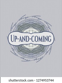 Blue and green abstract linear rosette with text Up-and-coming inside