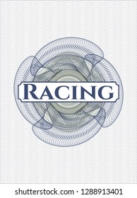 Blue and green abstract linear rosette with text Racing inside
