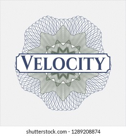 Blue and green abstract linear rosette with text Velocity inside