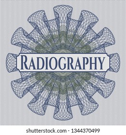 Blue and green abstract linear rosette with text Radiography inside