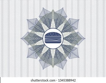 Blue and green abstract linear rosette with cheeseburger icon inside