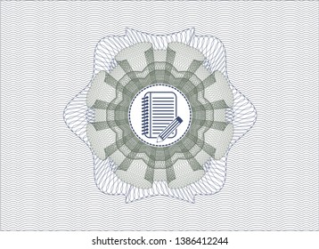 Blue and green abstract linear rosette with notebook with pencil icon inside