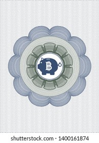 Blue and green abstract linear rosette with bitcoin piggy bank icon inside