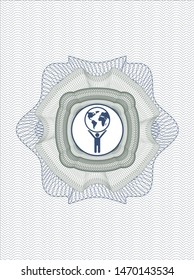 Blue and green abstract linear rosette with man lifting world icon inside