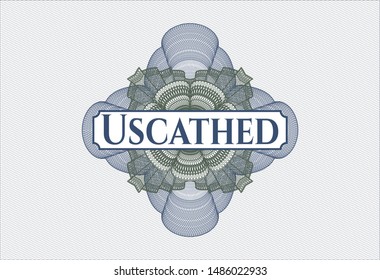 Blue and green abstract linear rosette with text Uscathed inside