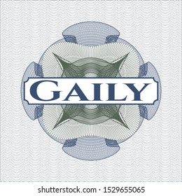 Blue and green abstract linear rosette with text Gaily inside