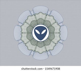 Blue and green abstract linear rosette with alien icon inside