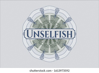 Blue and green abstract linear rosette with text Unselfish inside