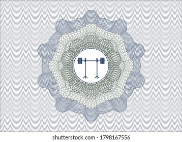 Blue and green abstract linear rosette. with barbell on rack icon inside