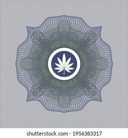 Blue and green abstract linear rosette. with marijuana leaf icon inside
