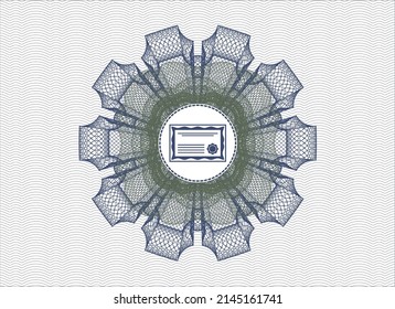 Blue and green abstract linear rosette. with certificate icon inside