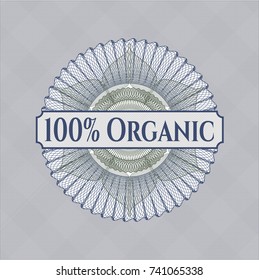 Blue and green abstract linear rosette with text 100% Organic inside