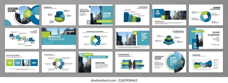 Blue and green abstract presentation slide templates. Infographic elements set for web, print, annual report brochure, business flyer leaflet marketing and advertising template. Vector Illustration