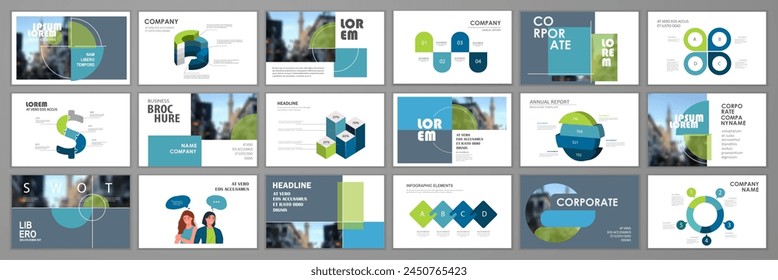 Blue and green abstract presentation slide templates. Infographic elements set for web, print, annual report brochure, business flyer leaflet marketing and advertising template. Vector Illustration