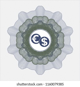 Blue and green abstract rosette with currency exchange icon inside Blue and green abstract rosette with currency exchange icon inside
