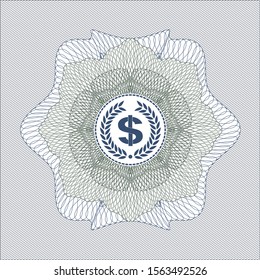 Blue and green abstract rosette with laurel wreath with money symbol inside icon inside