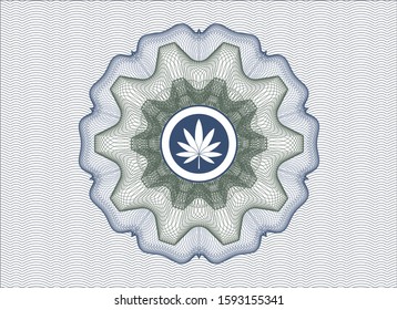 Blue and green abstract rosette with marijuana leaf icon inside