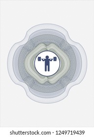Blue and green abstract rosette with squat icon inside