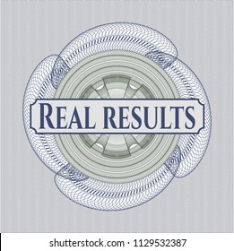 Blue and green abstract rosette with text Real results inside