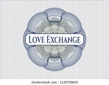 Blue and green abstract rosette with text Love Exchange inside