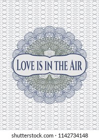 Blue and green abstract rosette with text Love is in the Air inside