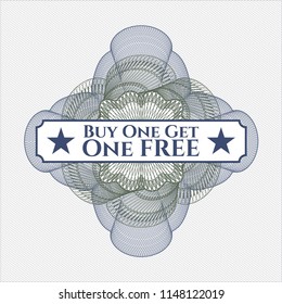 Blue and green abstract rosette with text Buy one get One Free inside