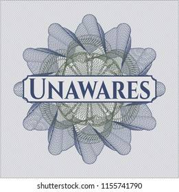 Blue and green abstract rosette with text Unawares inside