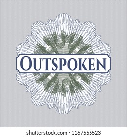 Blue and green abstract rosette with text Outspoken inside