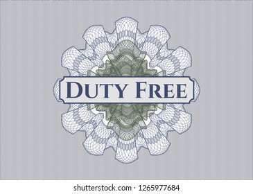 Blue and green abstract rosette with text Duty Free inside