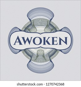 Blue and green abstract rosette with text Awoken inside
