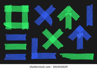 Blue and green adhesive tape set on black background. Different sellotape pieces, realistic vector illustration collection.