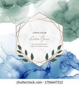 Blue and green alcohol ink banner with geometric marble frames and leaves. Trendy template for wedding invitation, card, flyer, poster, greeting.
