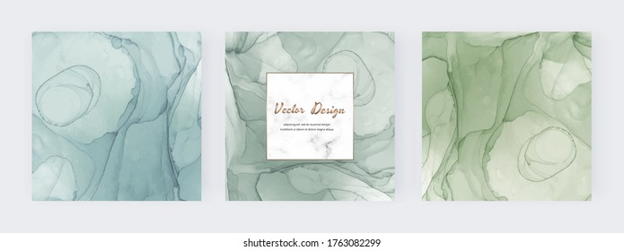 Blue and green alcohol ink social media banners with marble geometric frames. Templates for flyer, poster, card, invitations.