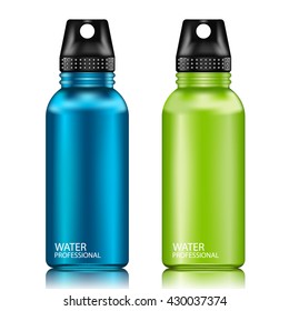 Blue and Green aluminum reusable water bottle isolated on a white background.