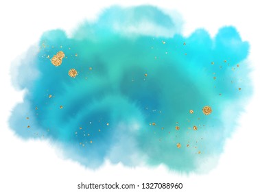 Blue Green Aquarelle Watercolor Splash. Isolated Gold Splatters Overlay. Soft Gradient Ink On White Background.  Ocean Theme Golden Invitation Template. Eps 8