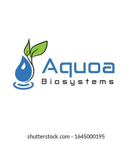 Vector de logotipos azul y verde "Aquoa" con eslogan ficticio e ilustración de texto adecuado para alimentos y bebidas o para cualquier negocio basado en bio-orgánico.