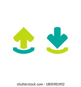 blue and green arrows in box. up and down. flat icons set isolated on white. point down button. south sign. Upload icon. Upgrade. download, share