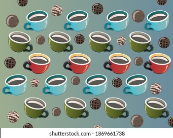 Blue and green background illustration with cups and sweets