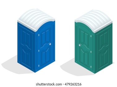 Blue and green bio toilets isolated on write background. Hiking services. Flat color style illustration icon. 