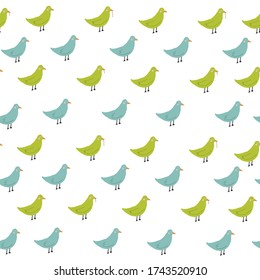 blue and green bird Seamless repeat hand drawn doodle childish pattern. 
