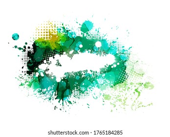 Blue and green blots background. Blot text frame. Grunge texture. Art ink dirty design. Border for artistic shape, paintbrush element. Vector illustration