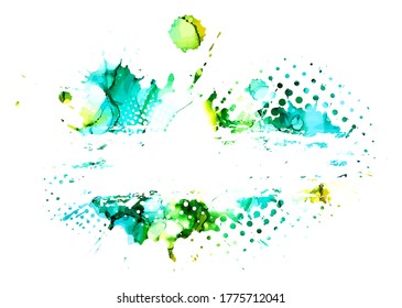 Blue and green blots background. Blot text frame. Grunge texture. Art ink dirty design. Border for artistic shape, paintbrush element. Vector illustration