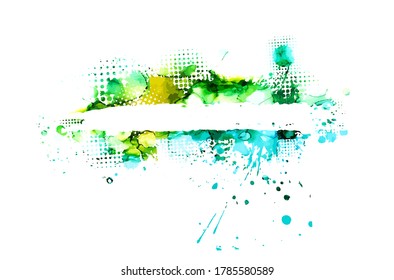 Blue and green blots background. Blot text frame. Grunge texture. Art ink dirty design. Border for artistic shape, paintbrush element. Vector illustration