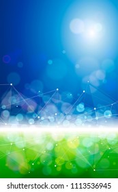 blue green bokeh - environment ecology concept - abstract image of grass & sky connected by a white digital wave created from points and lines - as an image of innovation, modern technology & science