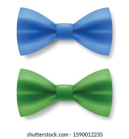 Blue and Green Bow Tie From Satin Material. Realistic Formal Wear for Gentleman Smoking Bow Tie Garment Accessory on White Background