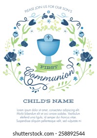 Blue and Green Boy's First Holy Communion Invitation with Chalice and Flowers - Vector 