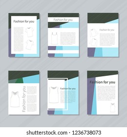 Blue and green brochure set with mens and womens T-shirts, geometric shape. Place for your text. Vector.
