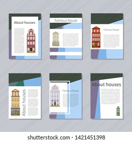 Blue and green brochure set with retro houses, geometric shape. Place for your text. Vector.