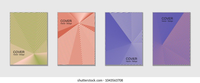 Blue, green and brown halftone covers vector template with lines. Vector journal design geometric shape background set, halftone lines hipster pattern abstract covers collection.