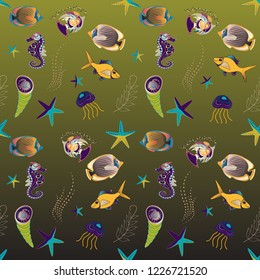 Blue, green and brown tropical sea, wave, fishes, seamless fashion pattern. Fashionable clothes, t-shirt design. Vector seamless embroidery sea life, sea shells, tropical fishes pattern.
